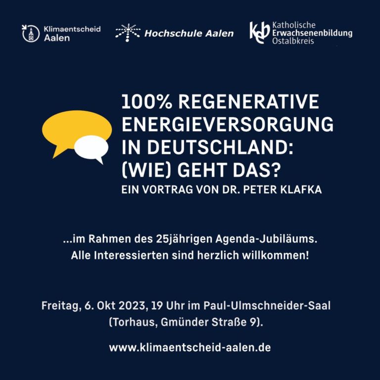 Freitag, 06. Okt. 2023: Vortrag „100% regenerative Energieversorgung in Deutschland: (wie) geht das?“