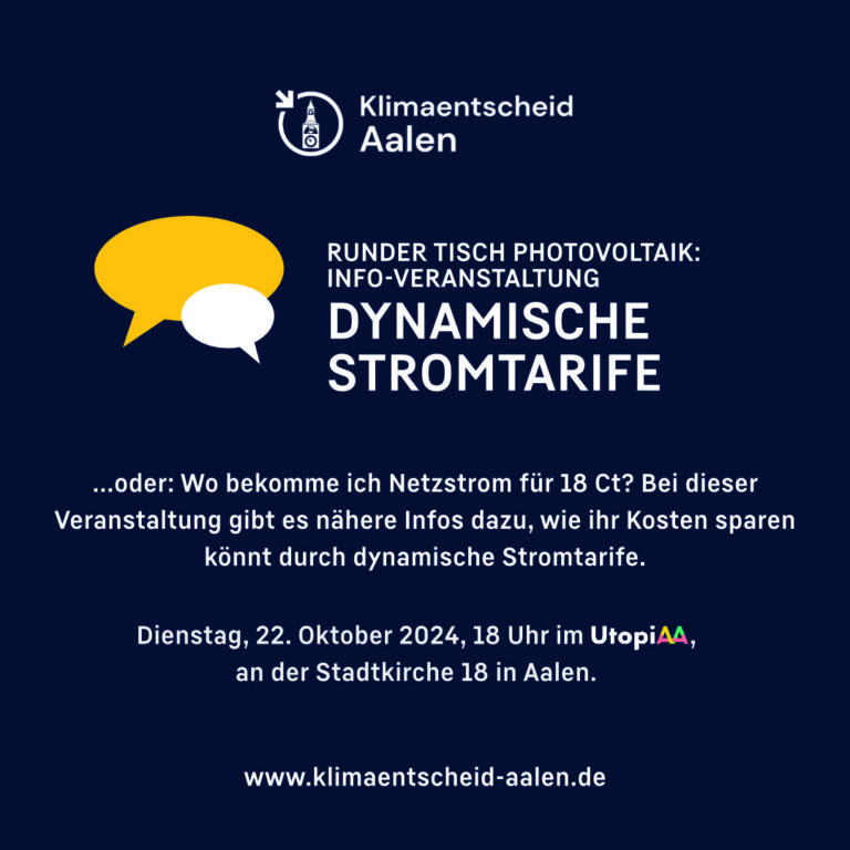 Dienstag, 22. Oktober 2024: Runder Tisch PV zum Thema „Dynamische Stromtarife oder: Wo bekomme ich Netzstrom für 18 Ct?“